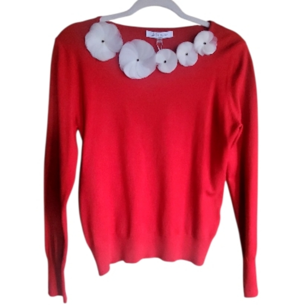 Sioni Milano NWT Red Pepper L/S Small Sweater White Flowers